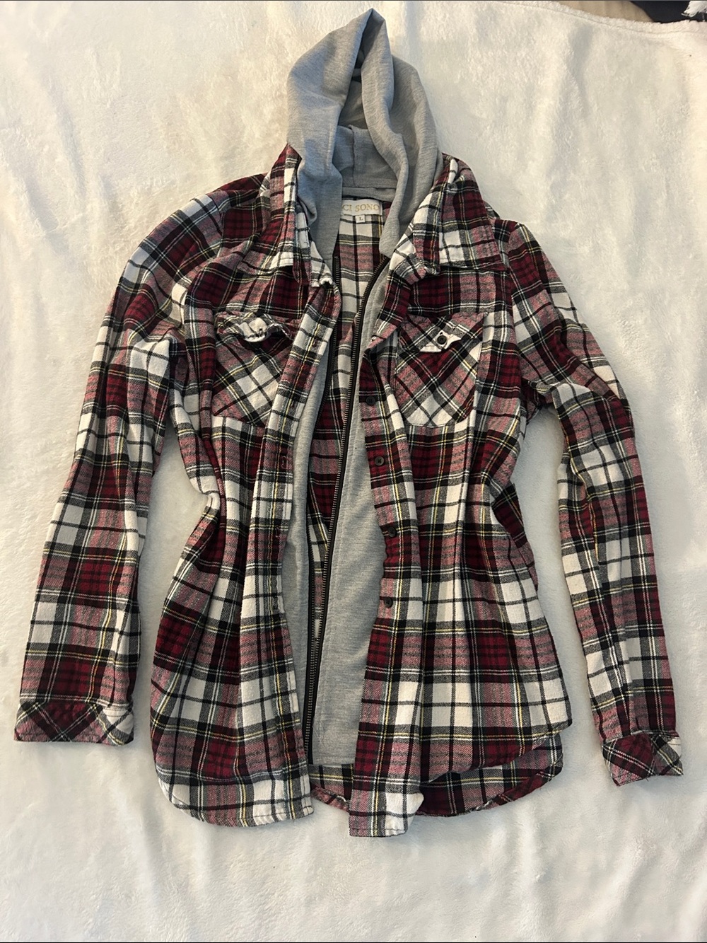 Ci Sono Red White Plaid Button-Front Shirt Jacket with Gray Hood
